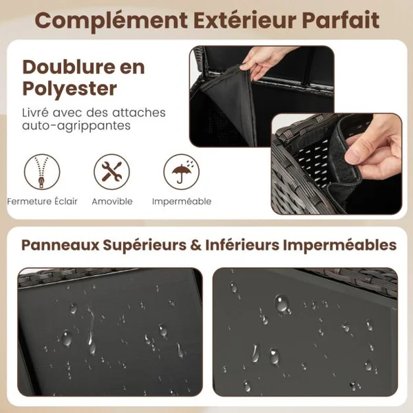 Coffre de Rangement 320 L en Rotin Tissé Serré Extérieur avec Doublure Imperméable Roues et Vérin à Gaz 137x56x64 cm Marron