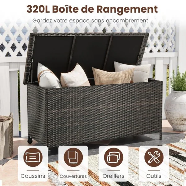Coffre de Rangement 320 L en Rotin Tissé Serré Extérieur avec Doublure Imperméable Roues et Vérin à Gaz 137x56x64 cm Marron