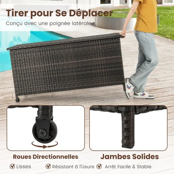 Coffre de Rangement 320 L en Rotin Tissé Serré Extérieur avec Doublure Imperméable Roues et Vérin à Gaz 137x56x64 cm Marron