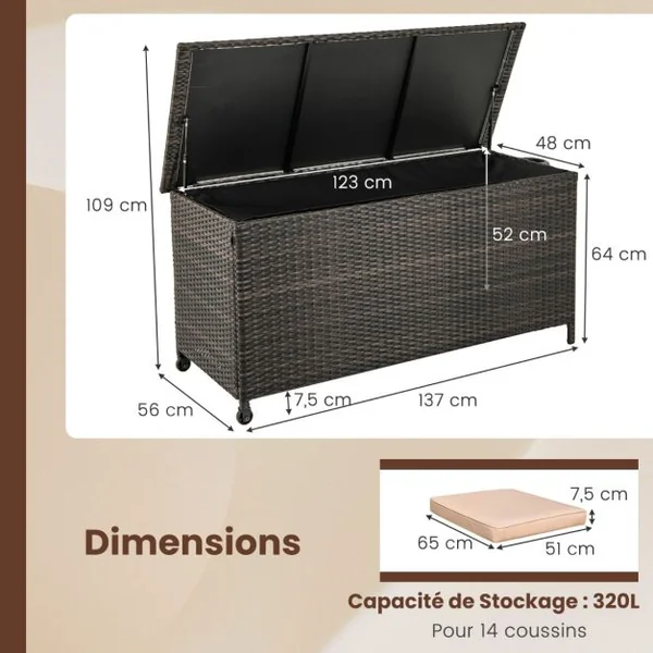 Coffre de Rangement 320 L en Rotin Tissé Serré Extérieur avec Doublure Imperméable Roues et Vérin à Gaz 137x56x64 cm Marron