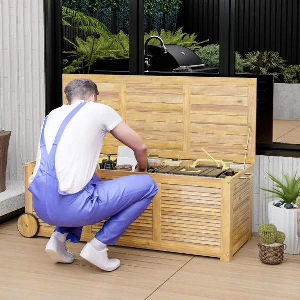Coffre de Rangement en Bois d'Acacia 182 L Housse Imperméable 2 en 1 Coffre Jardin avec 2 Roulettes Poignée Latérale pour Terrasse Balcon