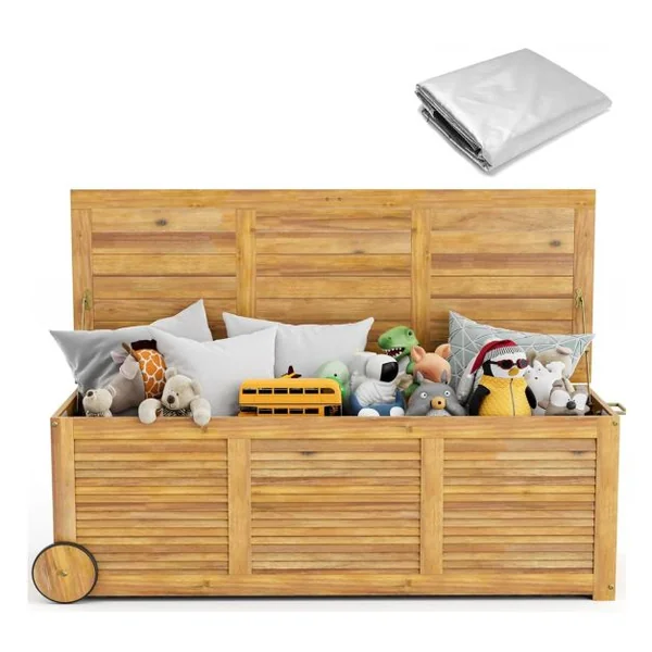 Coffre de Rangement en Bois d'Acacia 182 L Housse Imperméable 2 en 1 Coffre Jardin avec 2 Roulettes Poignée Latérale pour Terrasse Balcon