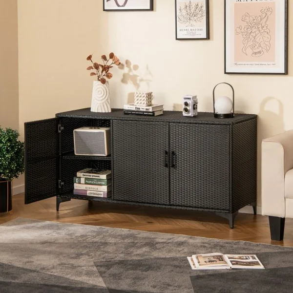 Coffre de Rangement en Résine Tressée pour Patio 318 L Boîte de Rangement avec 3 Portes Étagères Amovibles Grand Bac Étanche Marron
