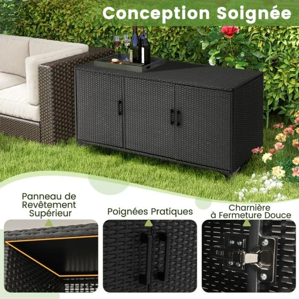 Coffre de Rangement en Résine Tressée pour Patio 318 L Boîte de Rangement avec 3 Portes Étagères Amovibles Grand Bac Étanche Marron