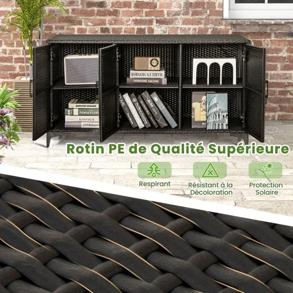 Coffre de Rangement en Résine Tressée pour Patio 318 L Boîte de Rangement avec 3 Portes Étagères Amovibles Grand Bac Étanche Marron