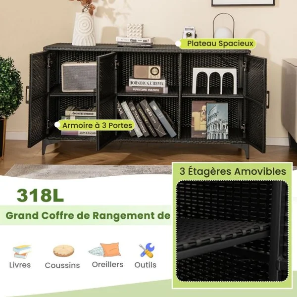 Coffre de Rangement en Résine Tressée pour Patio 318 L Boîte de Rangement avec 3 Portes Étagères Amovibles Grand Bac Étanche Marron