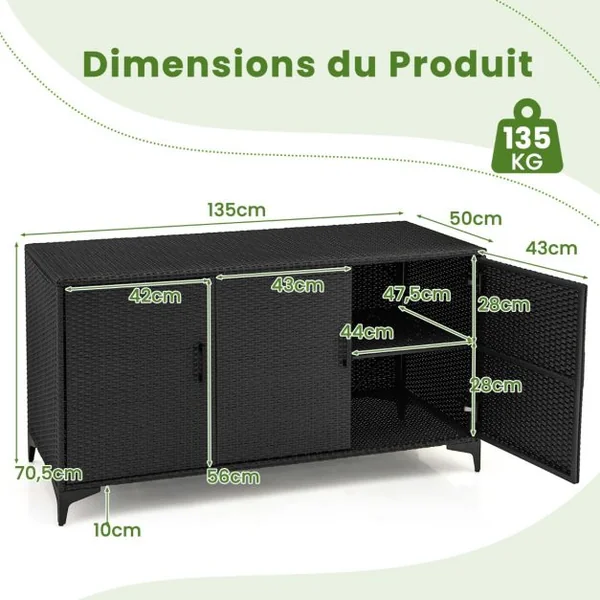 Coffre de Rangement en Résine Tressée pour Patio 318 L Boîte de Rangement avec 3 Portes Étagères Amovibles Grand Bac Étanche Marron