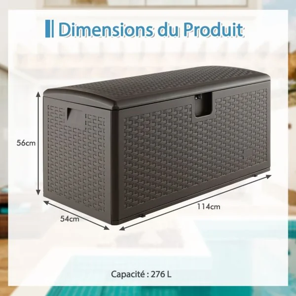 Coffre de Rangement Extérieure en HDPE 276 Boîte de Rangement avec Couvercle Verrouillable pour Ranger des Oreillers Outils Jouet Accessoires 114 x 54 x 56 cm