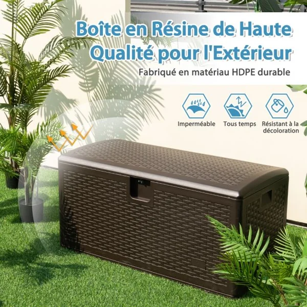 Coffre de Rangement Extérieure en HDPE 378L Boîte de Rangement avec Couvercle Verrouillable pour Ranger des Oreillers Outils Jouet Accessoires 127 x 56 x 64 cm