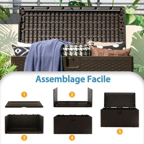 Coffre de Rangement Extérieure en HDPE 378L Boîte de Rangement avec Couvercle Verrouillable pour Ranger des Oreillers Outils Jouet Accessoires 127 x 56 x 64 cm