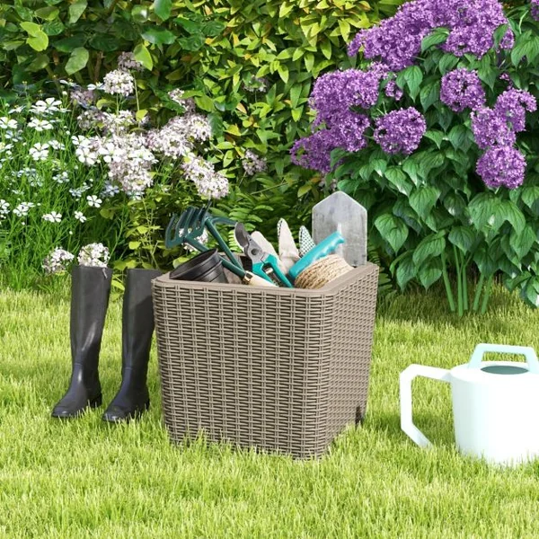 Coffre de Rangement Extérieure en Résine 43L Couvercle Amovible pour Porche Terrasse Marron