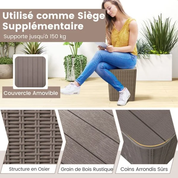 Coffre de Rangement Extérieure en Résine 43L Couvercle Amovible pour Porche Terrasse Marron