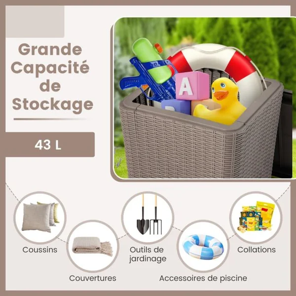 Coffre de Rangement Extérieure en Résine 43L Couvercle Amovible pour Porche Terrasse Marron