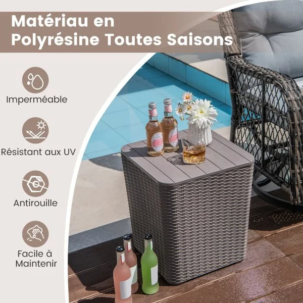 Coffre de Rangement Extérieure en Résine 43L Couvercle Amovible pour Porche Terrasse Marron