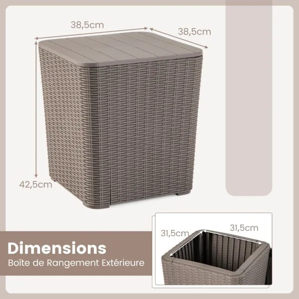 Coffre de Rangement Extérieure en Résine 43L Couvercle Amovible pour Porche Terrasse Marron
