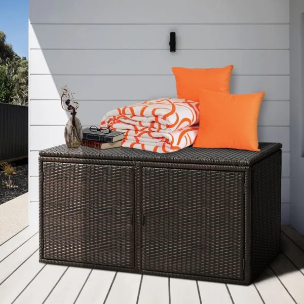 Coffre de Rangement Jardin 335L en Rotin PE Charge Max.120 kg Cadre en Acier avec 2 Etagères 115 x 60 x 65 CM Gris/Marron/Noir