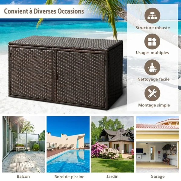 Coffre de Rangement Jardin 335L en Rotin PE Charge Max.120 kg Cadre en Acier avec 2 Etagères 115 x 60 x 65 CM Gris/Marron/Noir