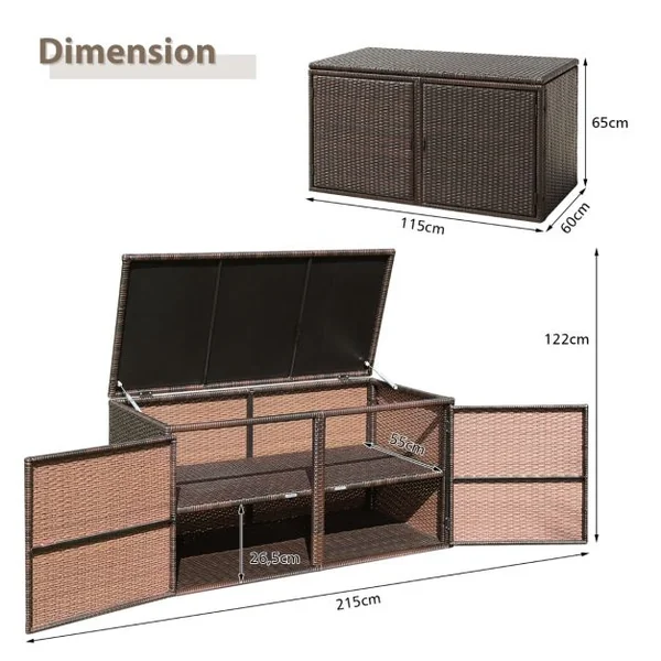 Coffre de Rangement Jardin 335L en Rotin PE Charge Max.120 kg Cadre en Acier avec 2 Etagères 115 x 60 x 65 CM Gris/Marron/Noir
