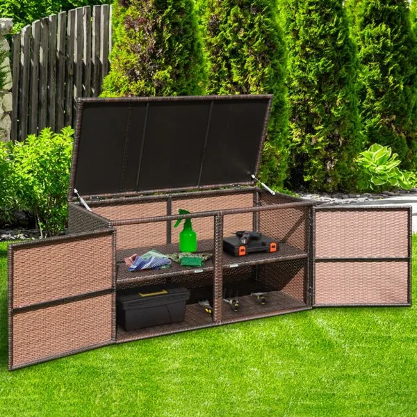 Coffre de Rangement Jardin 335L en Rotin PE Charge Max.120 kg Cadre en Acier avec 2 Etagères 115 x 60 x 65 CM Gris/Marron/Noir