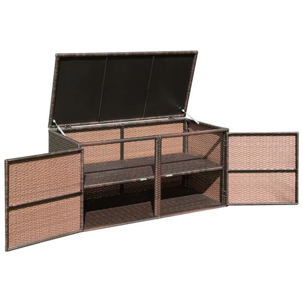 Coffre de Rangement Jardin 335L en Rotin PE Charge Max.120 kg Cadre en Acier avec 2 Etagères 115 x 60 x 65 CM Gris/Marron/Noir