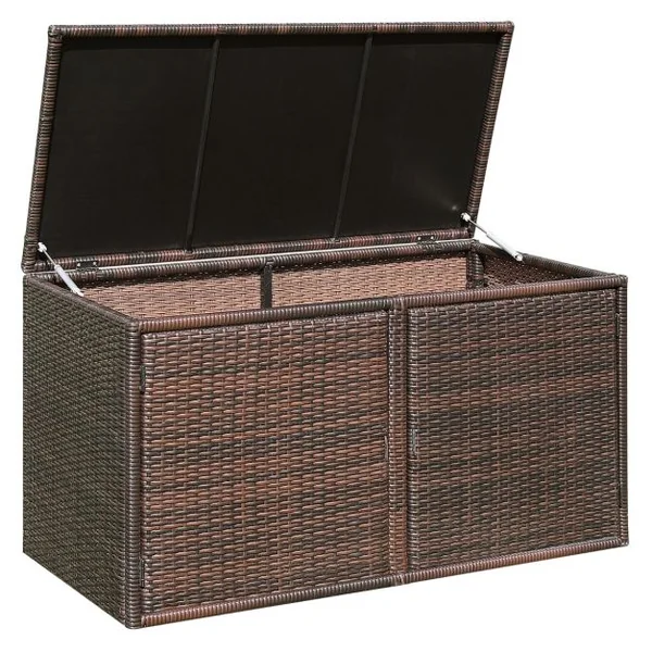 Coffre de Rangement Jardin 335L en Rotin PE Charge Max.120 kg Cadre en Acier avec 2 Etagères 115 x 60 x 65 CM Gris/Marron/Noir
