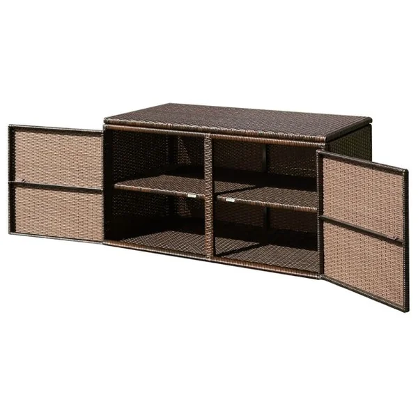 Coffre de Rangement Jardin 335L en Rotin PE Charge Max.120 kg Cadre en Acier avec 2 Etagères 115 x 60 x 65 CM Gris/Marron/Noir