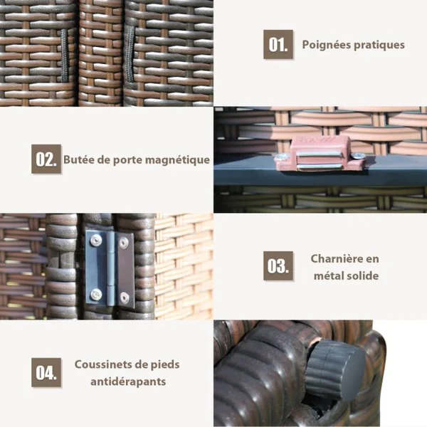 Coffre de Rangement Jardin 335L en Rotin PE Charge Max.120 kg Cadre en Acier avec 2 Etagères 115 x 60 x 65 CM Gris/Marron/Noir
