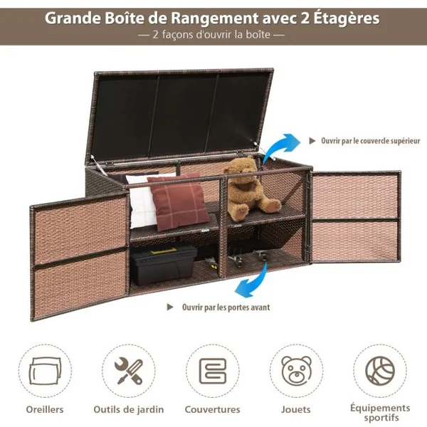 Coffre de Rangement Jardin 335L en Rotin PE Charge Max.120 kg Cadre en Acier avec 2 Etagères 115 x 60 x 65 CM Gris/Marron/Noir