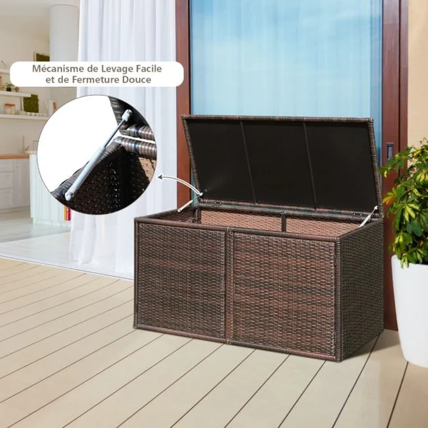 Coffre de Rangement Jardin 335L en Rotin PE Charge Max.120 kg Cadre en Acier avec 2 Etagères 115 x 60 x 65 CM Gris/Marron/Noir