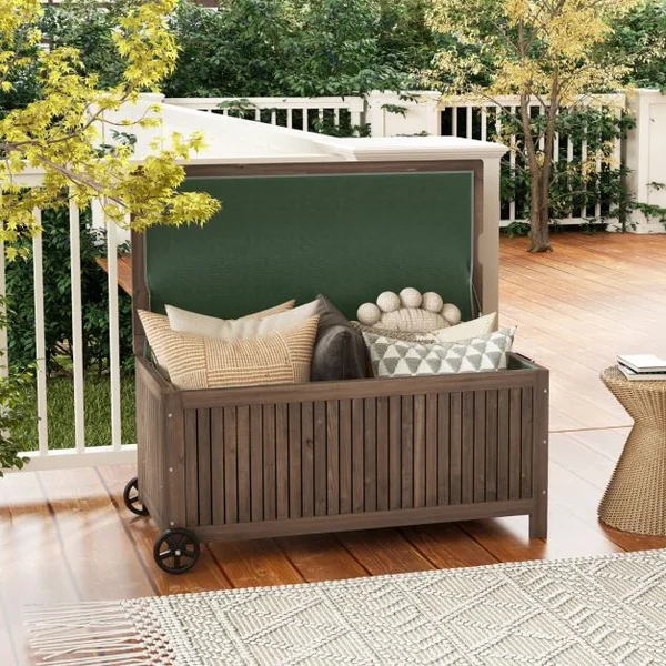 Coffre de Rangement à Roulettes 213L 114 x 58,5 x 51 CM avec Doublure Amovible Imperméable pour Jardin Charge 50KG Marron