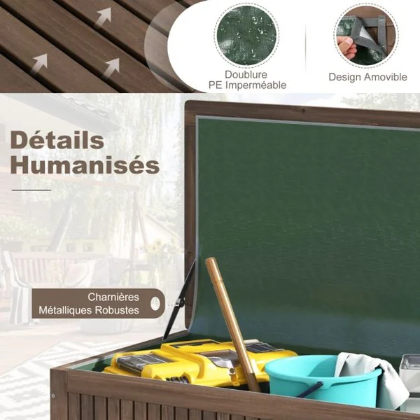 Coffre de Rangement à Roulettes 213L 114 x 58,5 x 51 CM avec Doublure Amovible Imperméable pour Jardin Charge 50KG Marron
