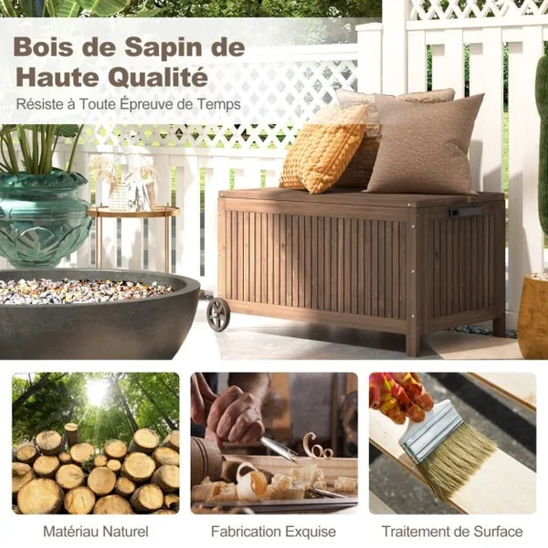 Coffre de Rangement à Roulettes 213L 114 x 58,5 x 51 CM avec Doublure Amovible Imperméable pour Jardin Charge 50KG Marron