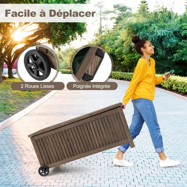 Coffre de Rangement à Roulettes 213L 114 x 58,5 x 51 CM avec Doublure Amovible Imperméable pour Jardin Charge 50KG Marron