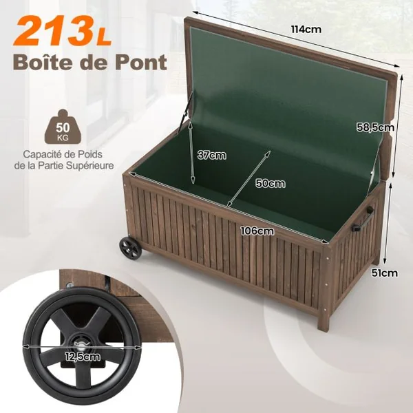 Coffre de Rangement à Roulettes 213L 114 x 58,5 x 51 CM avec Doublure Amovible Imperméable pour Jardin Charge 50KG Marron
