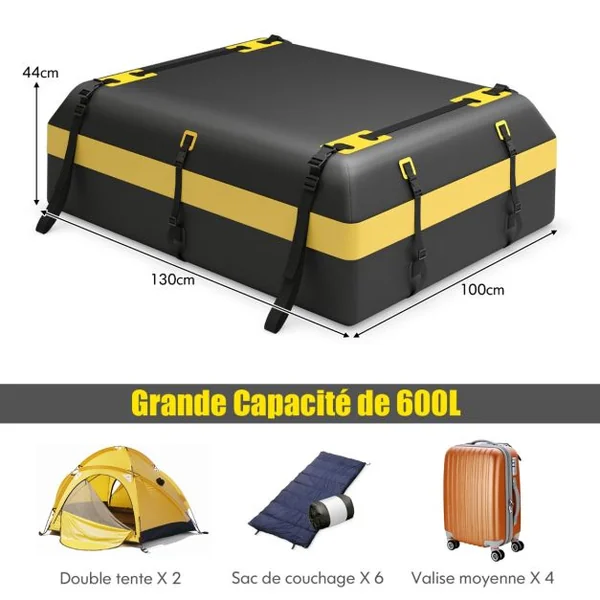 Coffre de Toit Voiture Étanche 595 L avec 10 Sangles 6 Crochets de Porte Sac à Bagages Serrure à Combinaison Tapis Antidérapant pour Tous Jaune