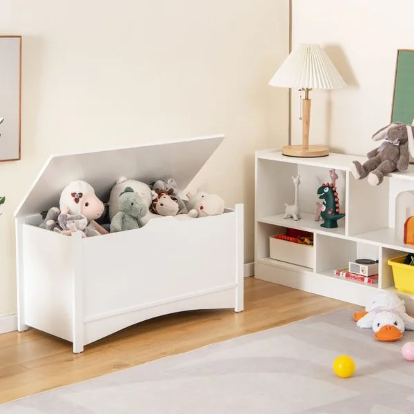 Coffre à Jouets en Bois avec Couvercle Rabattable Banc de Rangement Enfants avec Poignée Creuse pour Salon Chambre d’Enfants Crèche 90 x 40 x 49 CM