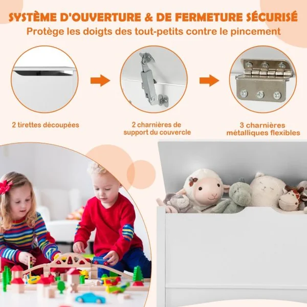 Coffre à Jouets en Bois avec Couvercle Rabattable Banc de Rangement Enfants avec Poignée Creuse pour Salon Chambre d’Enfants Crèche 90 x 40 x 49 CM