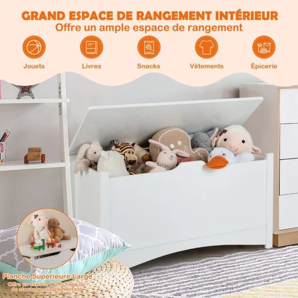 Coffre à Jouets en Bois avec Couvercle Rabattable Banc de Rangement Enfants avec Poignée Creuse pour Salon Chambre d’Enfants Crèche 90 x 40 x 49 CM