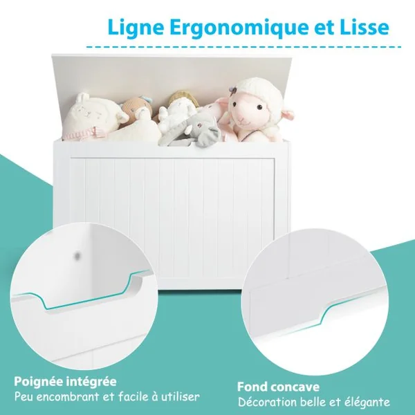 Coffre à Jouets en Bois Enfants avec Couvercle Rabattable Boîte de Rangement avec Charnière Sécurisée Charge 20kg pour Salon, Chambre d’Enfants Blanc