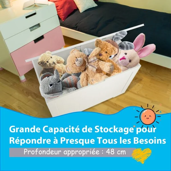Coffre à Jouets en Bois Enfants avec Couvercle Rabattable Boîte de Rangement avec Charnière Sécurisée Charge 20kg pour Salon, Chambre d’Enfants Blanc