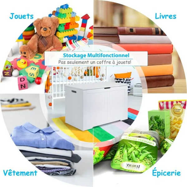 Coffre à Jouets en Bois Enfants avec Couvercle Rabattable Boîte de Rangement avec Charnière Sécurisée Charge 20kg pour Salon, Chambre d’Enfants Blanc