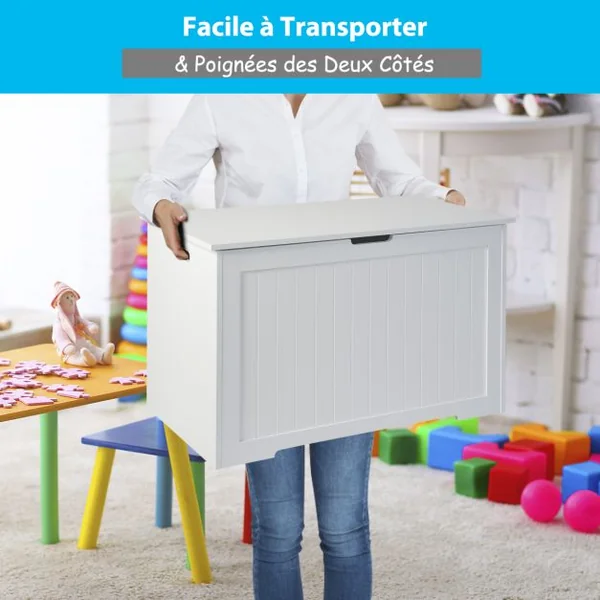 Coffre à Jouets en Bois Enfants avec Couvercle Rabattable Boîte de Rangement avec Charnière Sécurisée Charge 20kg pour Salon, Chambre d’Enfants Blanc