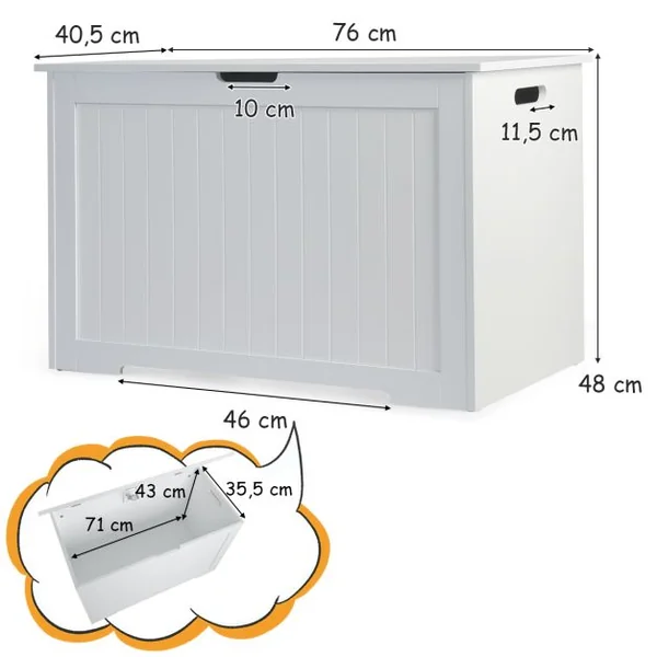 Coffre à Jouets en Bois Enfants avec Couvercle Rabattable Boîte de Rangement avec Charnière Sécurisée Charge 20kg pour Salon, Chambre d’Enfants Blanc