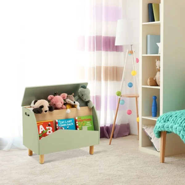 Coffre à Jouets en Boisavec Etagère de Présentation Boîte de Rangementpour Filles Garçons 60 x 33 x 44 cm Blanc/Vert/Rose