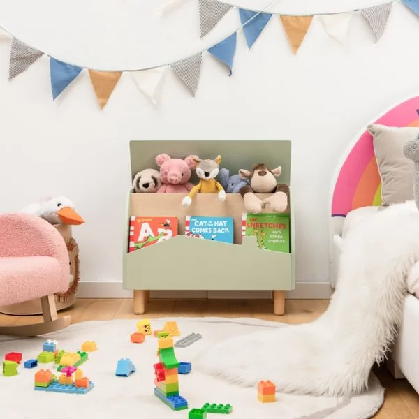 Coffre à Jouets en Boisavec Etagère de Présentation Boîte de Rangementpour Filles Garçons 60 x 33 x 44 cm Blanc/Vert/Rose