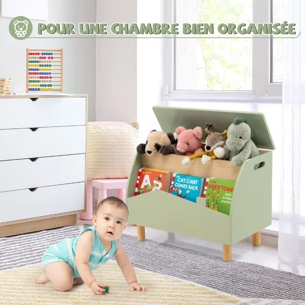 Coffre à Jouets en Boisavec Etagère de Présentation Boîte de Rangementpour Filles Garçons 60 x 33 x 44 cm Blanc/Vert/Rose