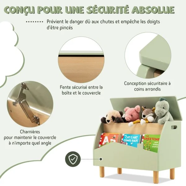Coffre à Jouets en Boisavec Etagère de Présentation Boîte de Rangementpour Filles Garçons 60 x 33 x 44 cm Blanc/Vert/Rose