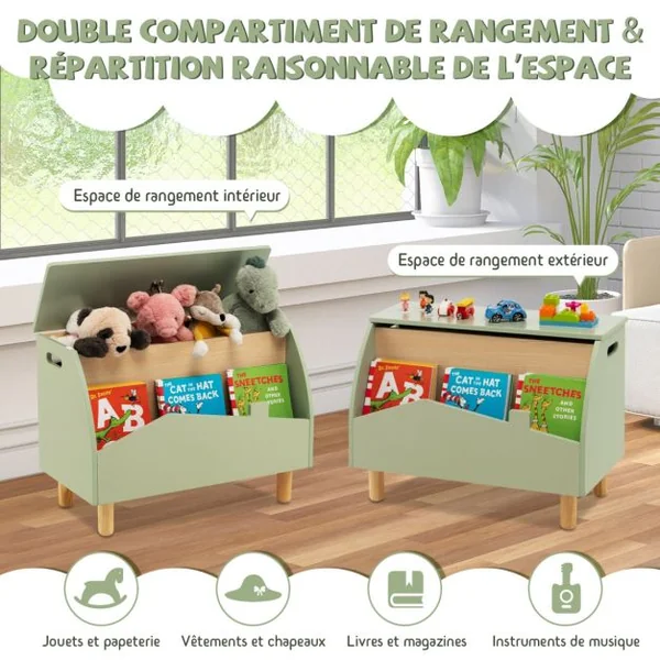 Coffre à Jouets en Boisavec Etagère de Présentation Boîte de Rangementpour Filles Garçons 60 x 33 x 44 cm Blanc/Vert/Rose