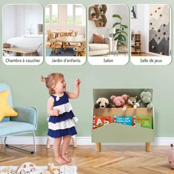 Coffre à Jouets en Boisavec Etagère de Présentation Boîte de Rangementpour Filles Garçons 60 x 33 x 44 cm Blanc/Vert/Rose