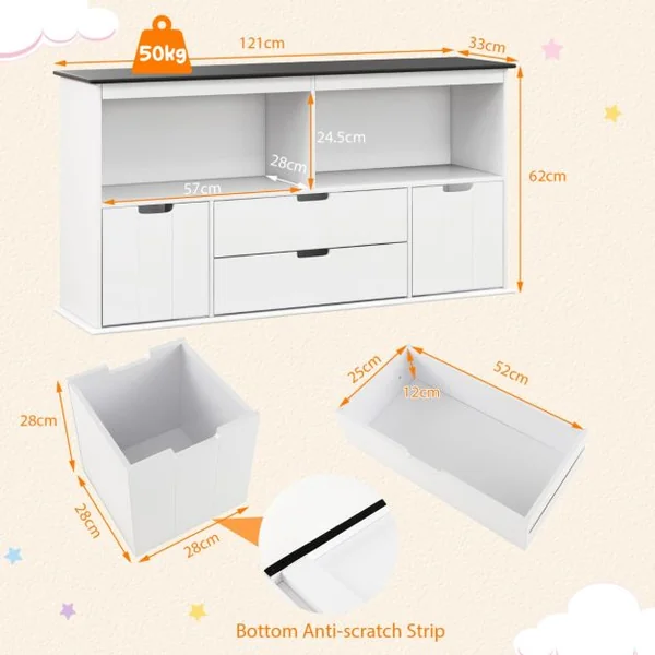 Coffre à Jouets pour Enfant avec Dessus de Tableau Noir Compartiment Ouvert 2 Tiroirs et 2 Bacs pour Chambre d'Enfant